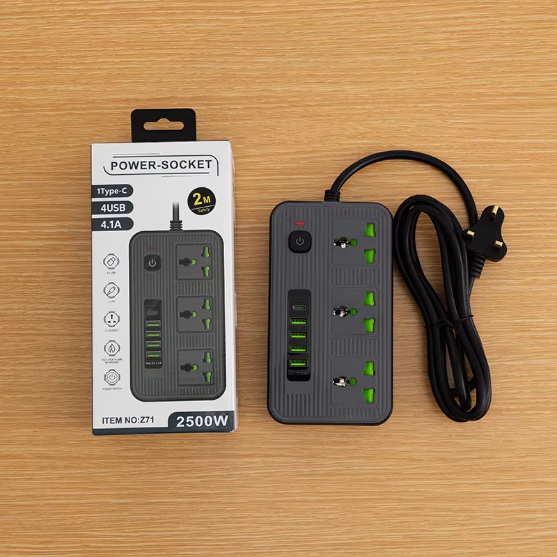 چندراهی برق NEW TIMES مدل Z71 | ۴ پریز برق + ۴ USB + USB-C با کابل ۲ متری