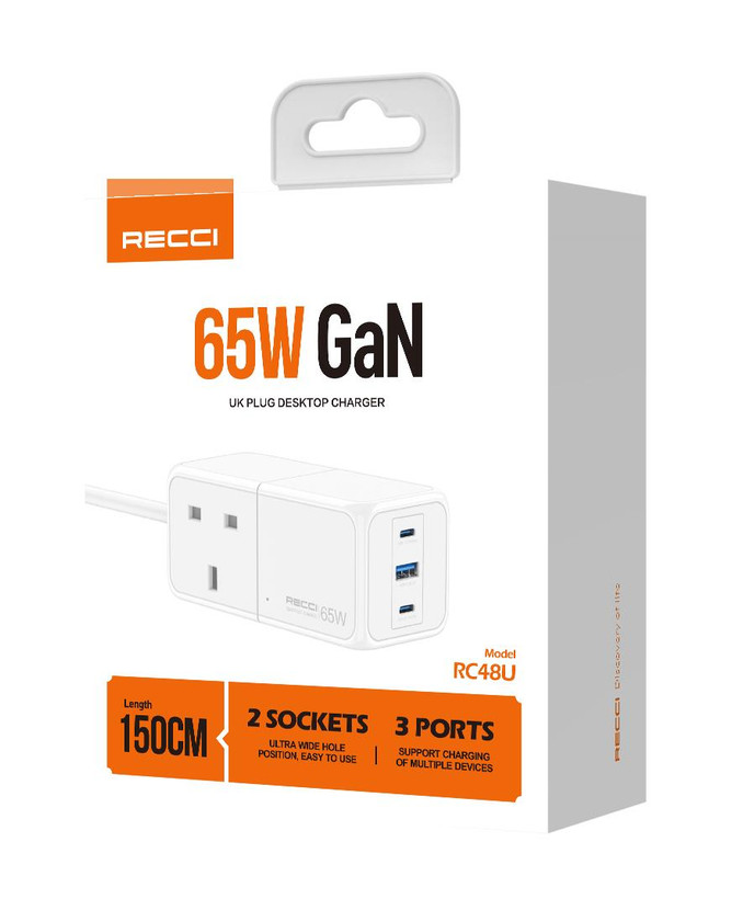 شارژر رومیزی ۶۵ وات GaN ریچی RECCI مدل RC48U | سه پورت USB-C و USB-A