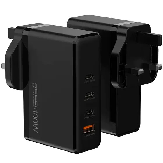 شارژر دیواری رچی Recci RC41 GaN 100W | چهار پورت فست شارژ | 3×USB-C + USB-A | شارژر لپتاپ و موبایل