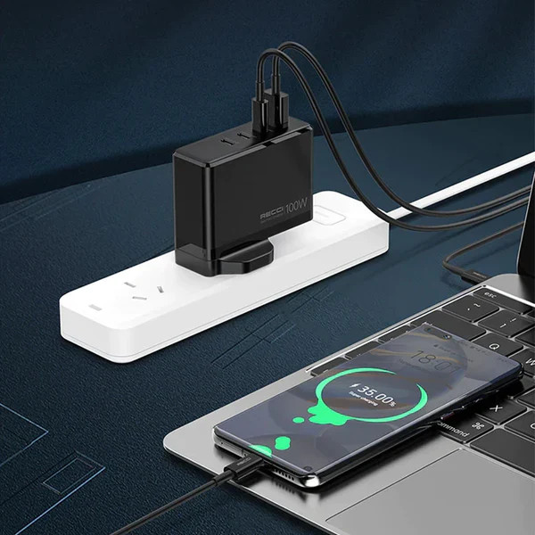 شارژر دیواری رچی Recci RC41 GaN 100W | چهار پورت فست شارژ | 3×USB-C + USB-A | شارژر لپتاپ و موبایل