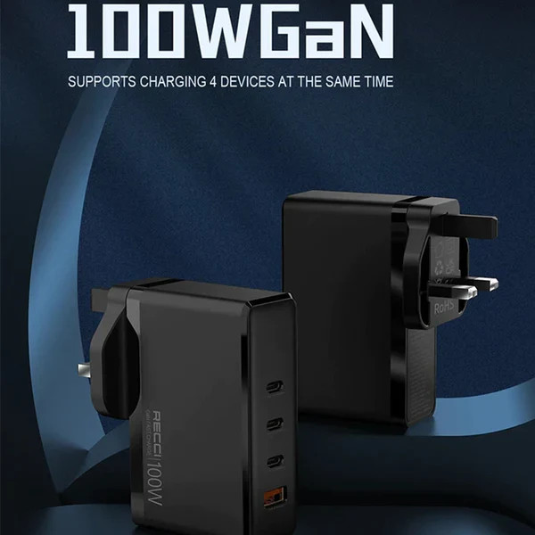 شارژر دیواری رچی Recci RC41 GaN 100W | چهار پورت فست شارژ | 3×USB-C + USB-A | شارژر لپتاپ و موبایل