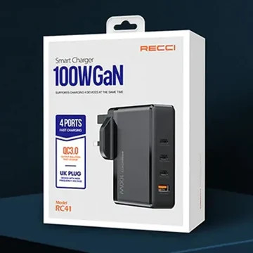 شارژر دیواری رچی Recci RC41 GaN 100W | چهار پورت فست شارژ | 3×USB-C + USB-A | شارژر لپتاپ و موبایل