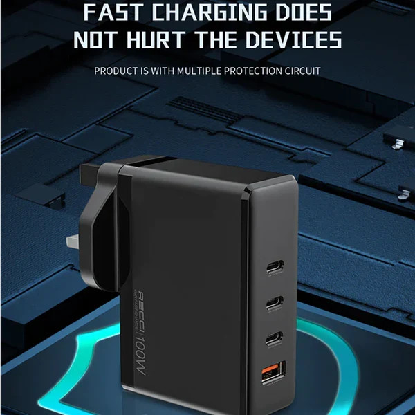 شارژر دیواری رچی Recci RC41 GaN 100W | چهار پورت فست شارژ | 3×USB-C + USB-A | شارژر لپتاپ و موبایل