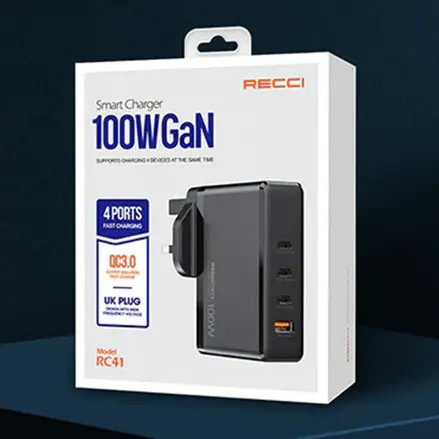 شارژر دیواری رچی Recci RC41 GaN 100W | چهار پورت فست شارژ | 3×USB-C + USB-A | شارژر لپتاپ و موبایل
