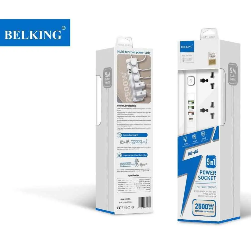 چندراهی برق 9 در 1 BELKING BK-88 طول 2 متر | 5 پریز + 3 USB + Type-c