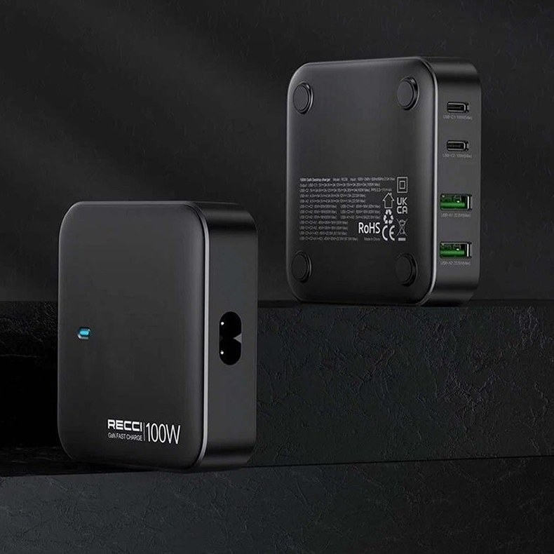 شارژر رومیزی 100 وات GaN رسی Recci RC39 چهار پورت USB-C و USB-A مناسب لپ‌تاپ و موبایل ⚡