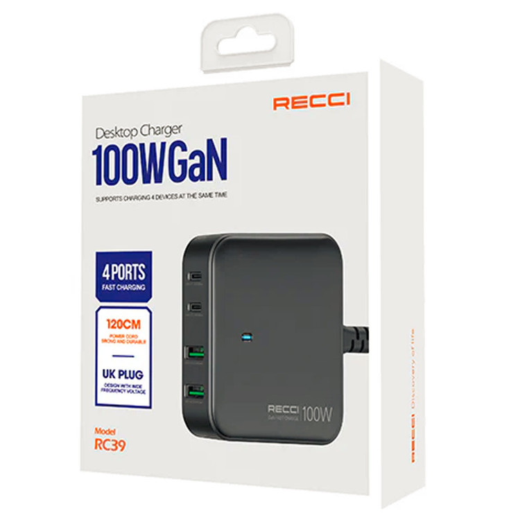 شارژر رومیزی 100 وات GaN رسی Recci RC39 چهار پورت USB-C و USB-A مناسب لپتاپ و موبایل ⚡
