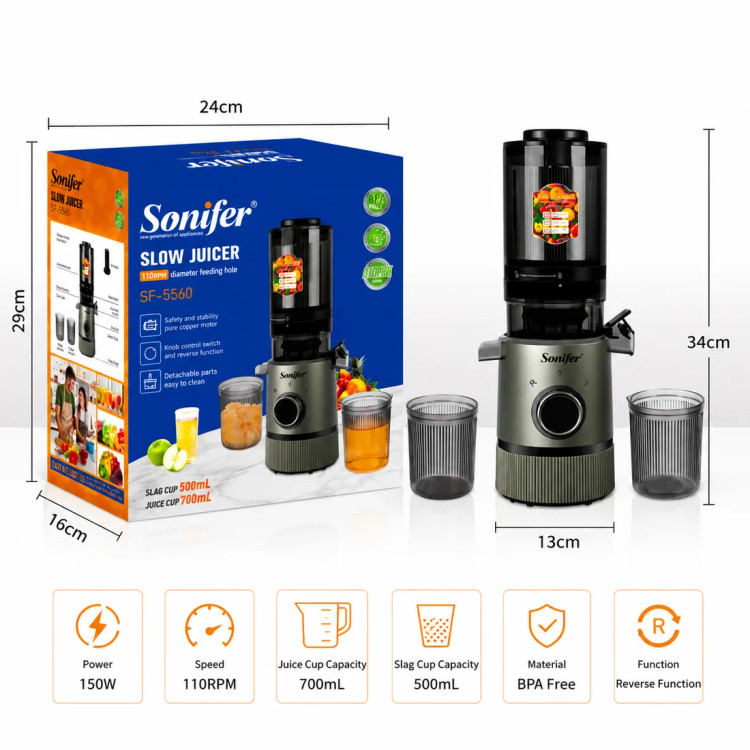 آبمیوهگیری سانیفر Sonifer مدل SF-5560 با توان 150 وات و سرعت 110 دور در دقیقه
