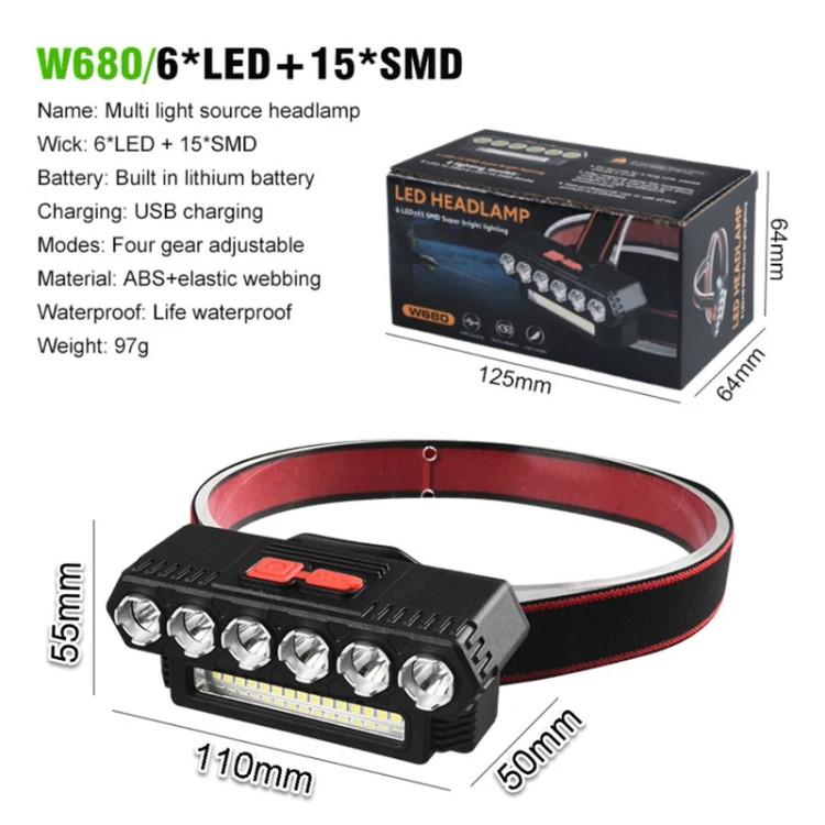 چراغ پیشانی شارژی مدل W680 با ۴ حالت نوردهی و ۲۱ لامپ LED و SMD